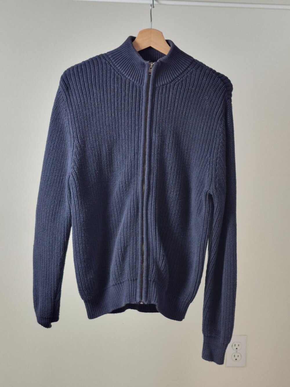 L.L.Bean Men’s M Blue 100% Cotton Full Zip Ribbed Knit Mock Neck Sweater